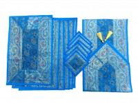 Indian Silk Table Runner with 6 Placemats & 6 Coaster in Blue Color Size 16x62